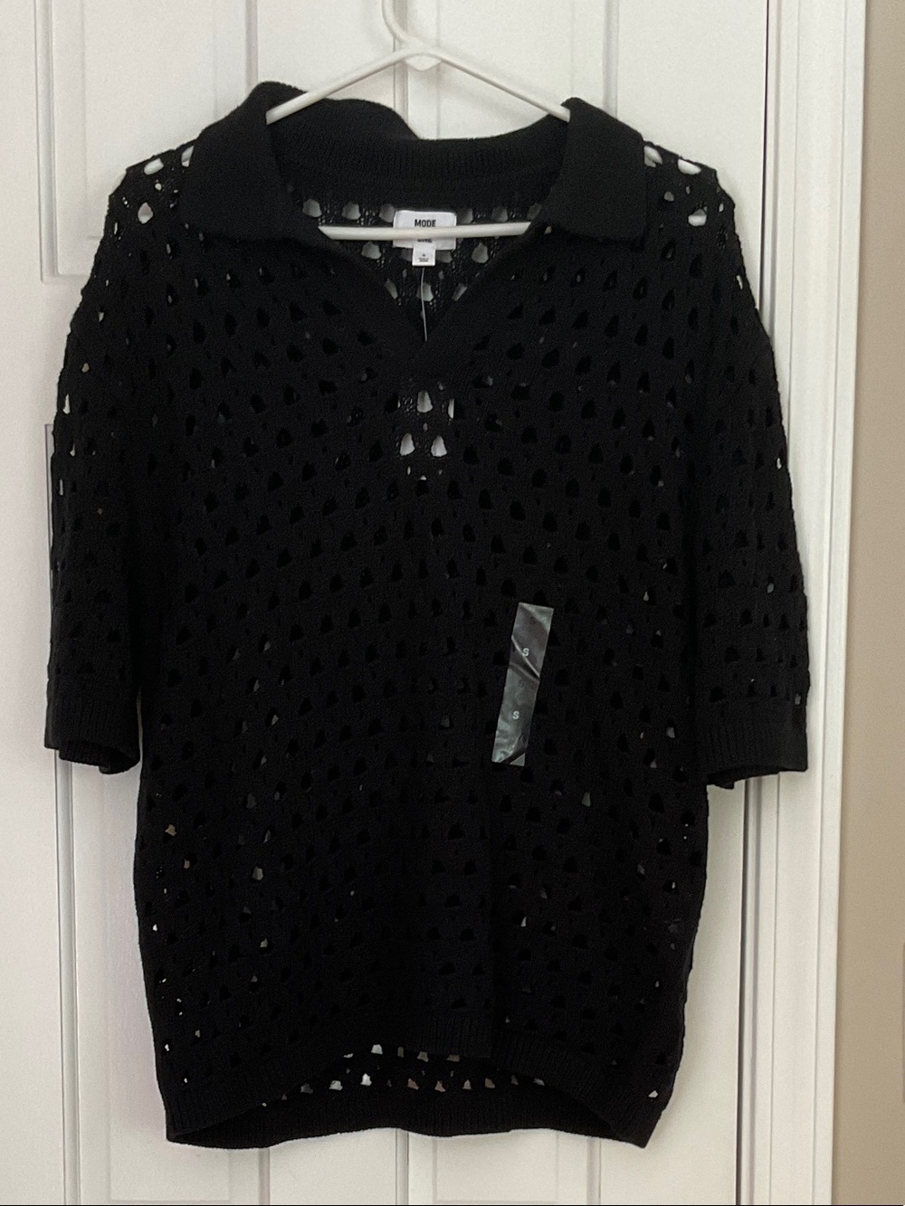 Cotton On Black Open-Knit V-Neck Polo Sweater